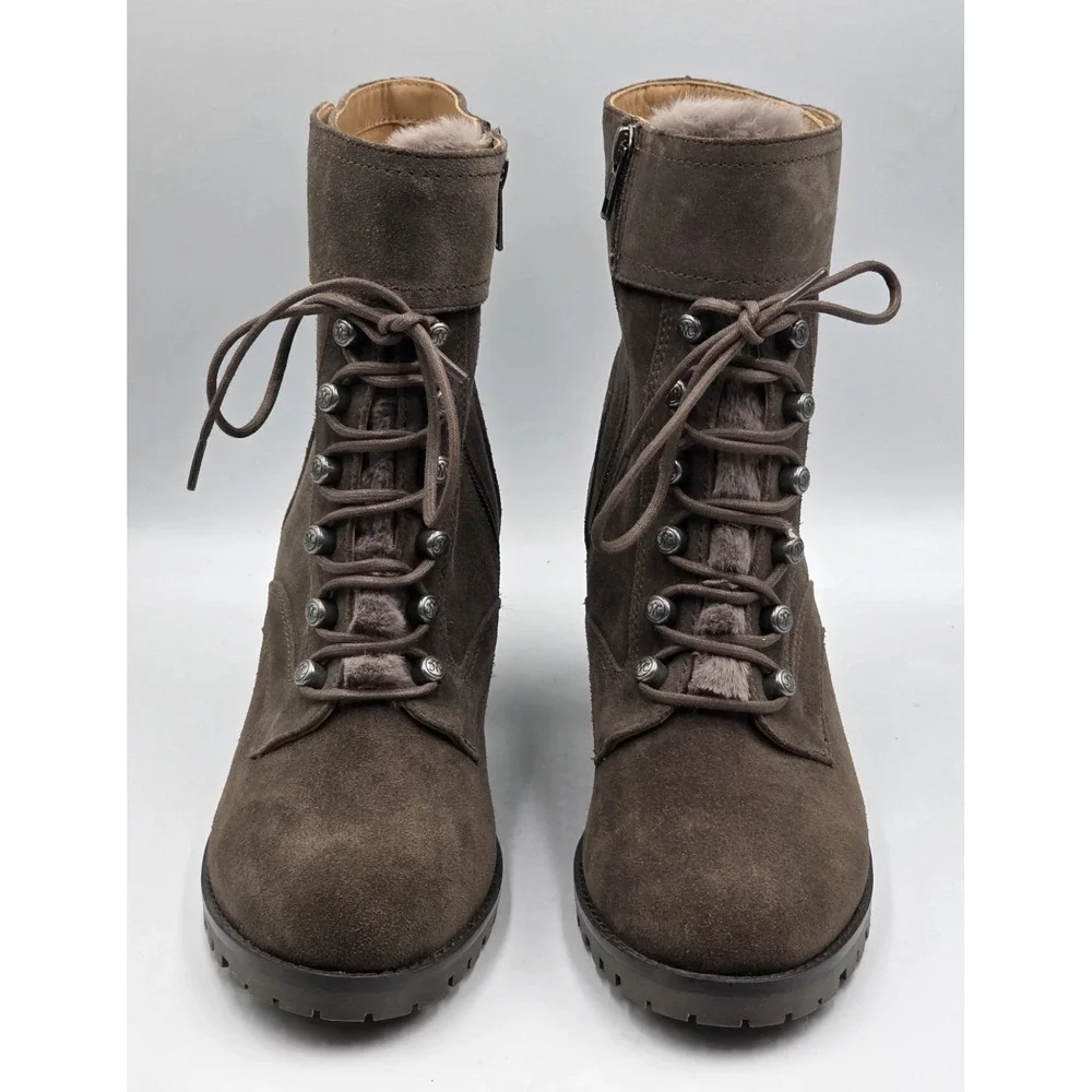Johnston Murphy Suede Fur Lined‎ Lace Up Block Heel Ankle Boots Women's 8.5M